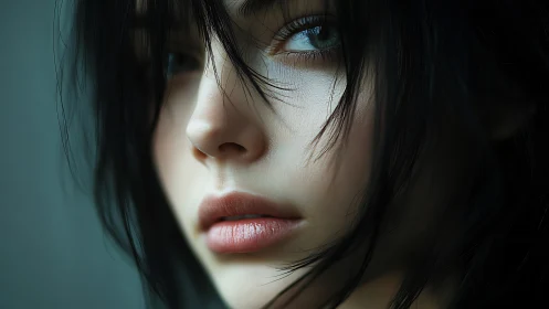 Close portrait shows pensive woman with tousled dark hair