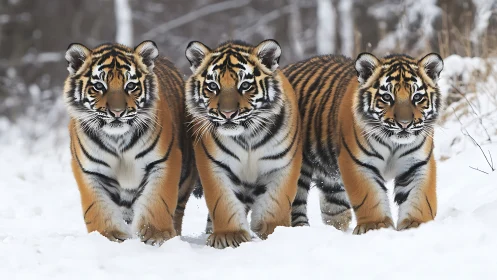 Three Tiger Cubs in Snow.