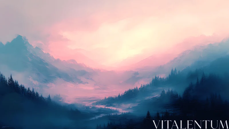 Dreamy misty valley glows beneath soft pink sunrise light.