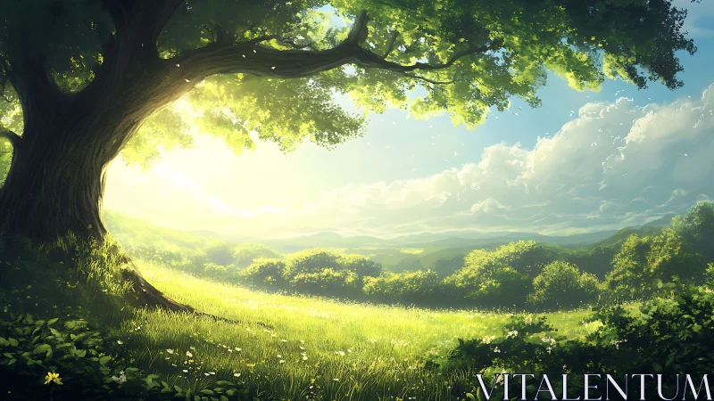 Serene Sunlit Meadow with Majestic Tree in Lush Digital Art.