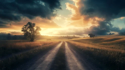 Sunlit country road recedes through cinematic golden fields