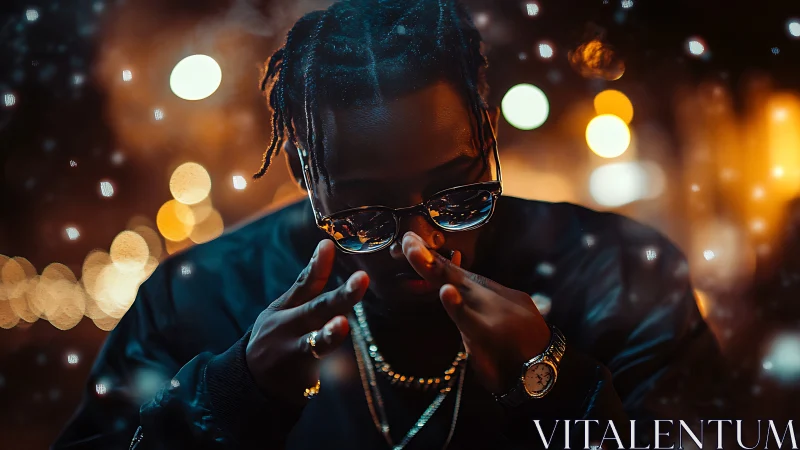 Person in night portrait adjusts sunglasses amid city bokeh