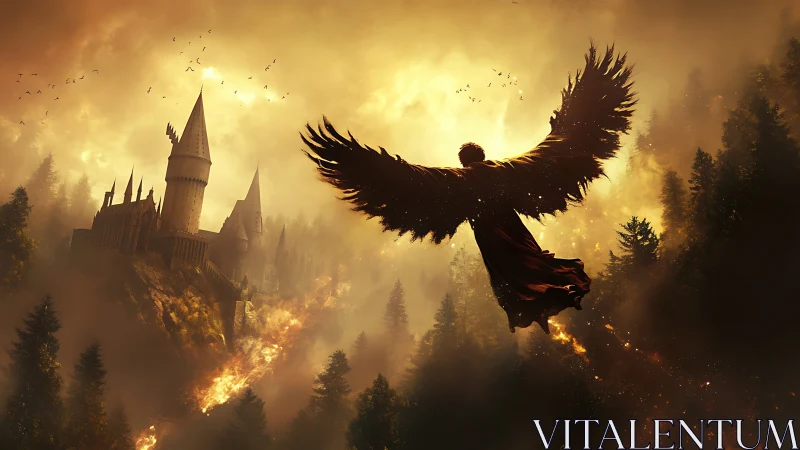 Winged sentinel carves a blazing halo above besieged castle