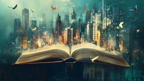 Open storybook unleashes luminous futuristic cityscape.