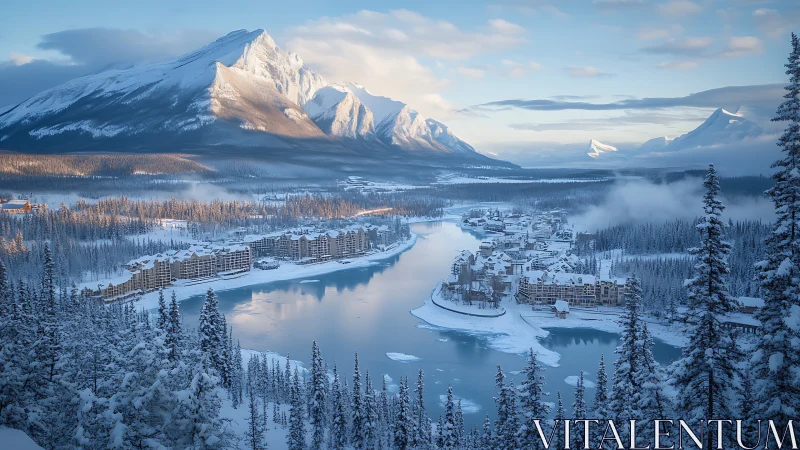 Snowy mountain village hugged by a winding frozen river.
