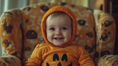 Smiling Baby in Autumn Themed Clothing on Patterned Chair.