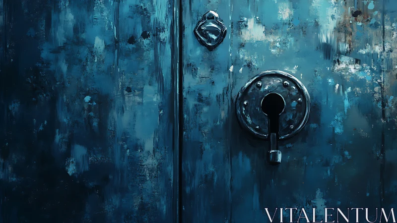 Weathered blue door invites curiosity with a bold keyhole