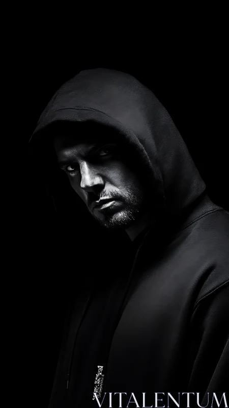 Male subject in hooded sweatshirt under low key lighting.