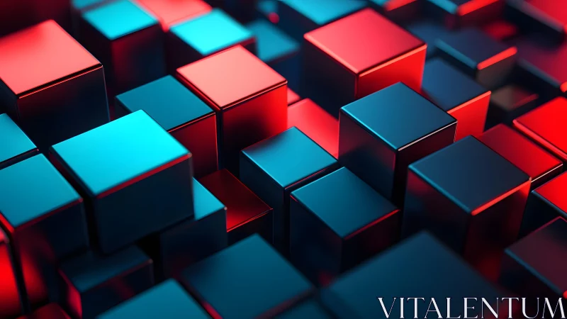 3D Abstract Cubes with Blue and Red Neon Lighting in Modern Style. 3D Abstract Cubes with Blue and Red Neon Lighting in Modern Style.