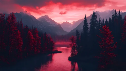 Crimson alpine lake reflects silhouetted conifers at twilight