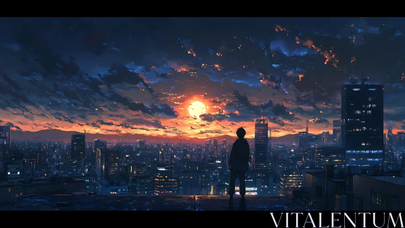 Silhouetted figure surveys dense cityscape at digital sunset