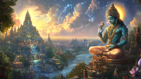 Serene blue deity above luminous temple river cityscape.