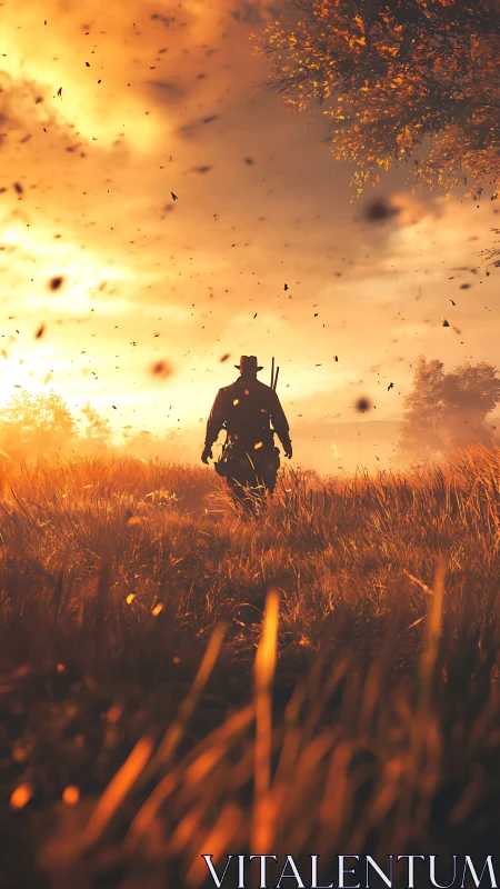 Lone warrior walks through burning orange sunset field.
