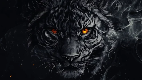 Fiery eyed tiger face emerging from dark swirling smoke.