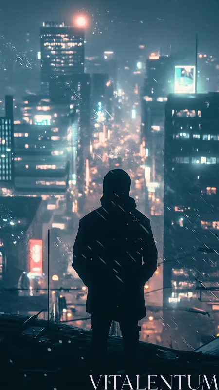 Silhouette on rooftop above rainy neon city at night.
