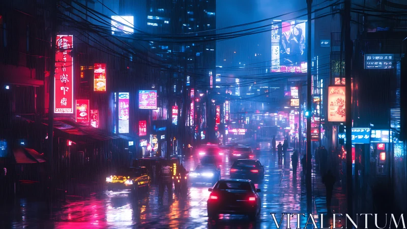 Rain-soaked neon city street shows dense night traffic