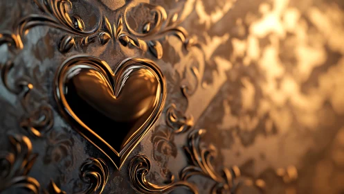 Embossed Golden Heart with Ornamental Baroque Relief Patterns