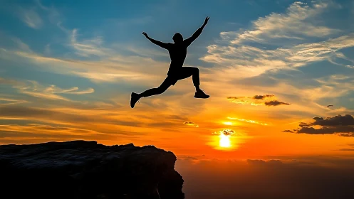 Silhouette person jumps between cliffs against vivid sunset sky