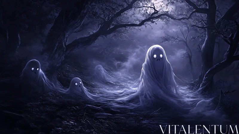 Moonlit ghostly figures drifting through haunted forest.