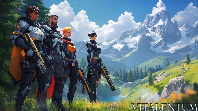 Armored squad observing alpine valley landscape.