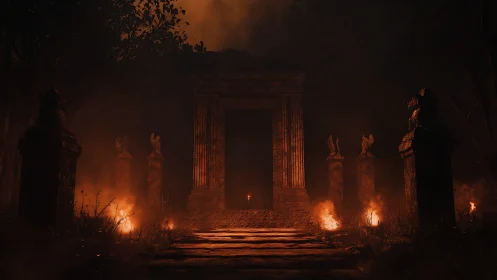 Stone gateway with torchlit statues stands in dense darkness