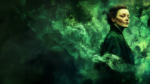 Enigmatic woman in emerald mist gazes with quiet power.