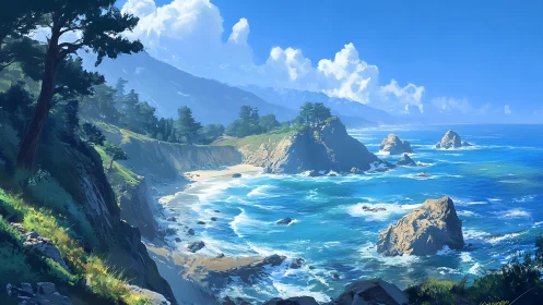 Digital coastal landscape with cliffs, surf and pine headland.