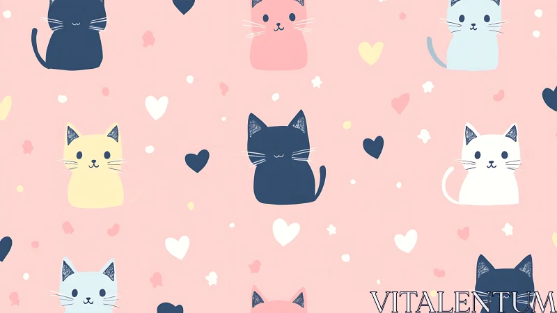 Playful Cats Pattern with Hearts on Soft Pink Background