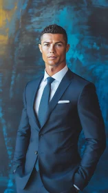 Man in sharp navy suit stands against blue abstract backdrop