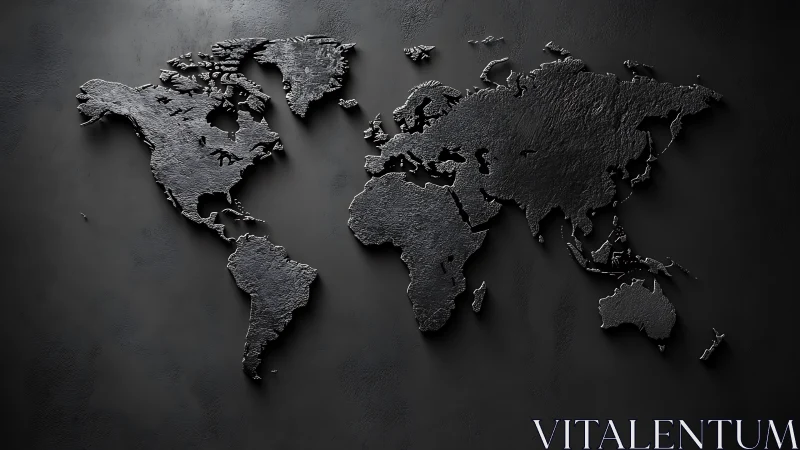 Textured black world map relief is mounted on dark surface