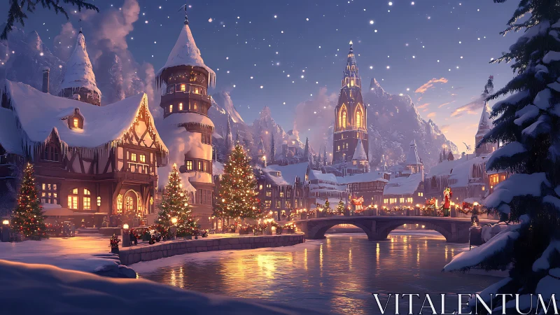 Digital painting of festive alpine town under snowfall at dusk.