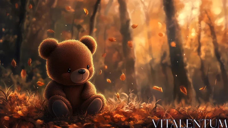 Plush teddy bear in soft glowing autumn forest scene.
