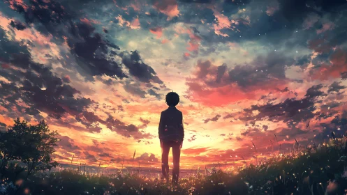 Solitary silhouette under vivid anime sunset sky.