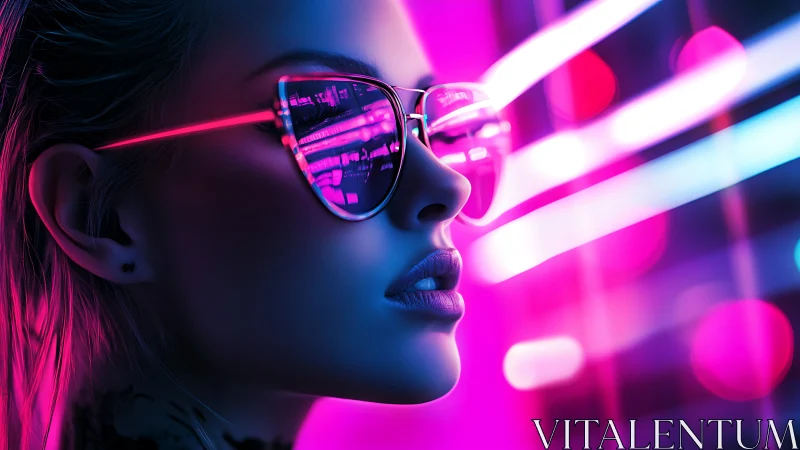 Neon cyberpunk portrait with reflective tech glasses glow.