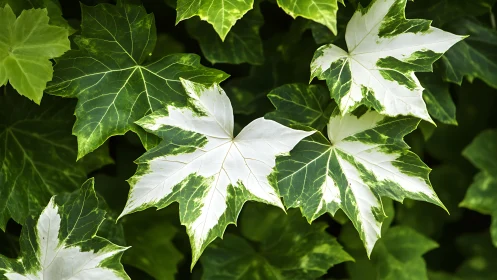 Variegated ivy foliage with white star-shaped leaves highlighted.