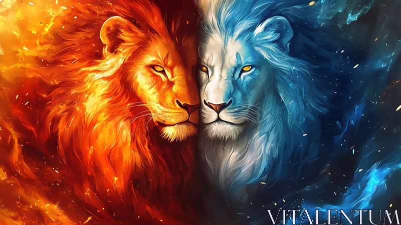 Two lions depicted with opposing fire and ice elemental effects