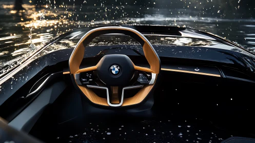 BMW concept steering wheel inside open cockpit near water