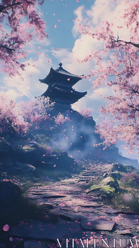 Temple path under blooming cherry blossoms at sunrise.