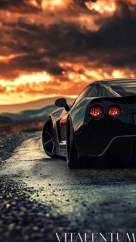 Aerodynamic sports coupe on wet rural asphalt at sunset.