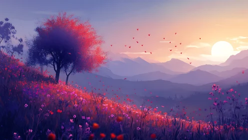 Sunset illuminates flowering hillside and distant layered mountains