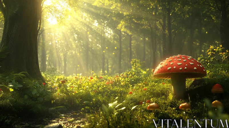 Enchanted Forest Path with Red Mushroom and Golden Sunlight.
