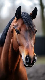 Bay horse portrait captures alert gaze and smooth coat