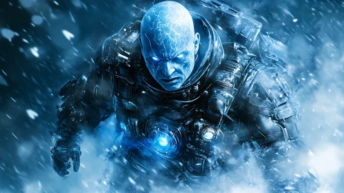 Glacial warborn sentinel storms through a blizzard of light