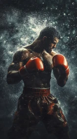 Determined Boxer Ready for Battle in Rain.