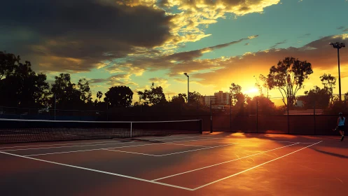 Sunlit tennis court geometry under cinematic sunset sky.