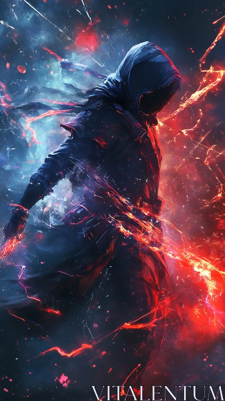 Hooded figure in fragmented red and blue energy field.