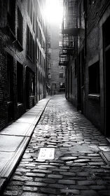 Cobbled city alley quietly glows beneath soft morning light
