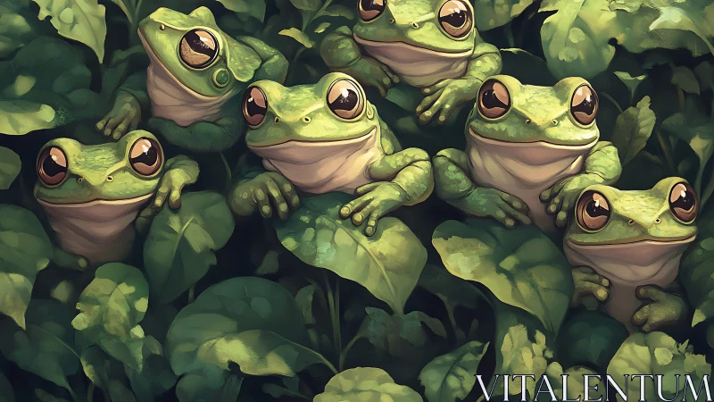 Leafy council of wide-eyed frogs plotting gentle mischief.