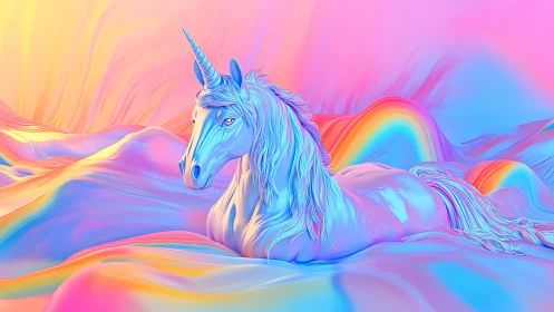 Iridescent unicorn resting in luminous rainbow dreamscape.