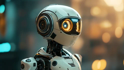 Futuristic service robot with glowing optical sensors in bokeh cityscape.